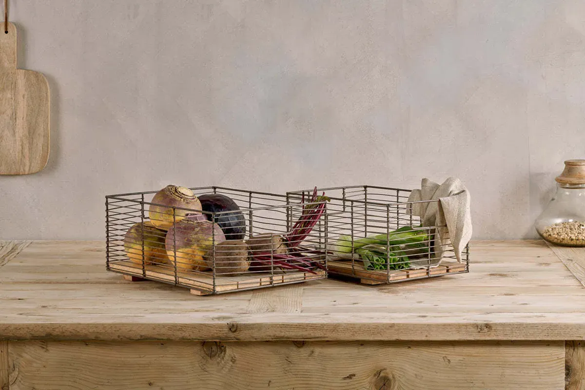 Kochi Stackable Baskets Set of 2 - Brown, Iron & Mango Wood product