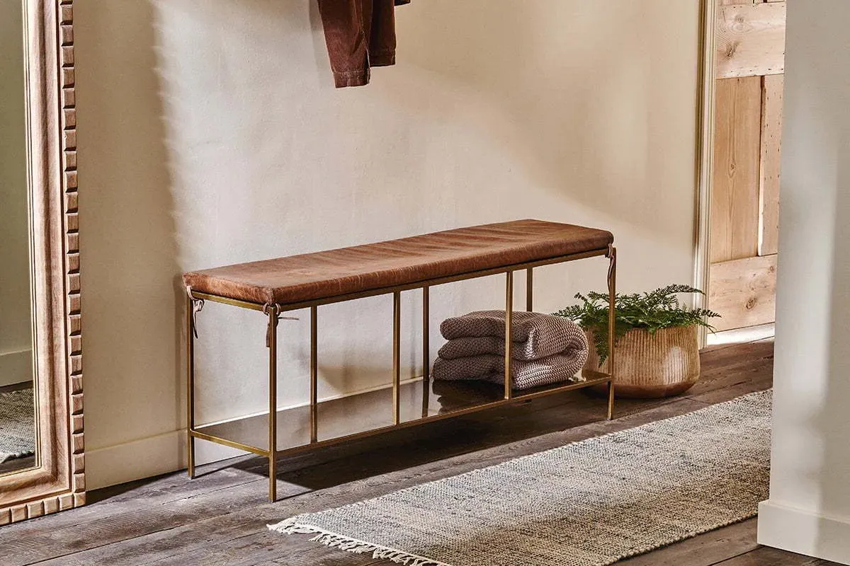 Mahi Iron & Leather Bench with Lower Shelf - Brass product