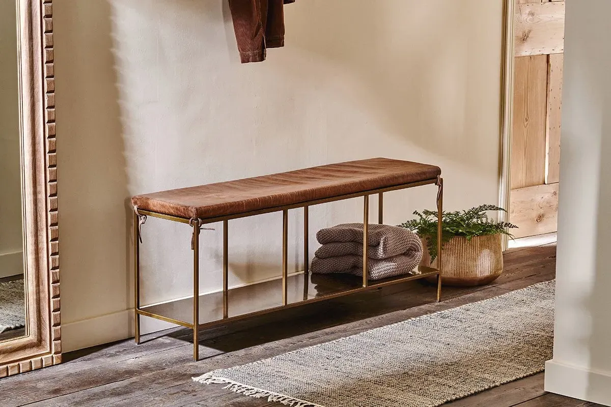 Mahi Iron & Leather Bench with Storage - Brass image