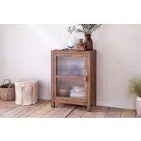 Mendani Low Mango Wood & Fluted Glass Cabinet - Walnut