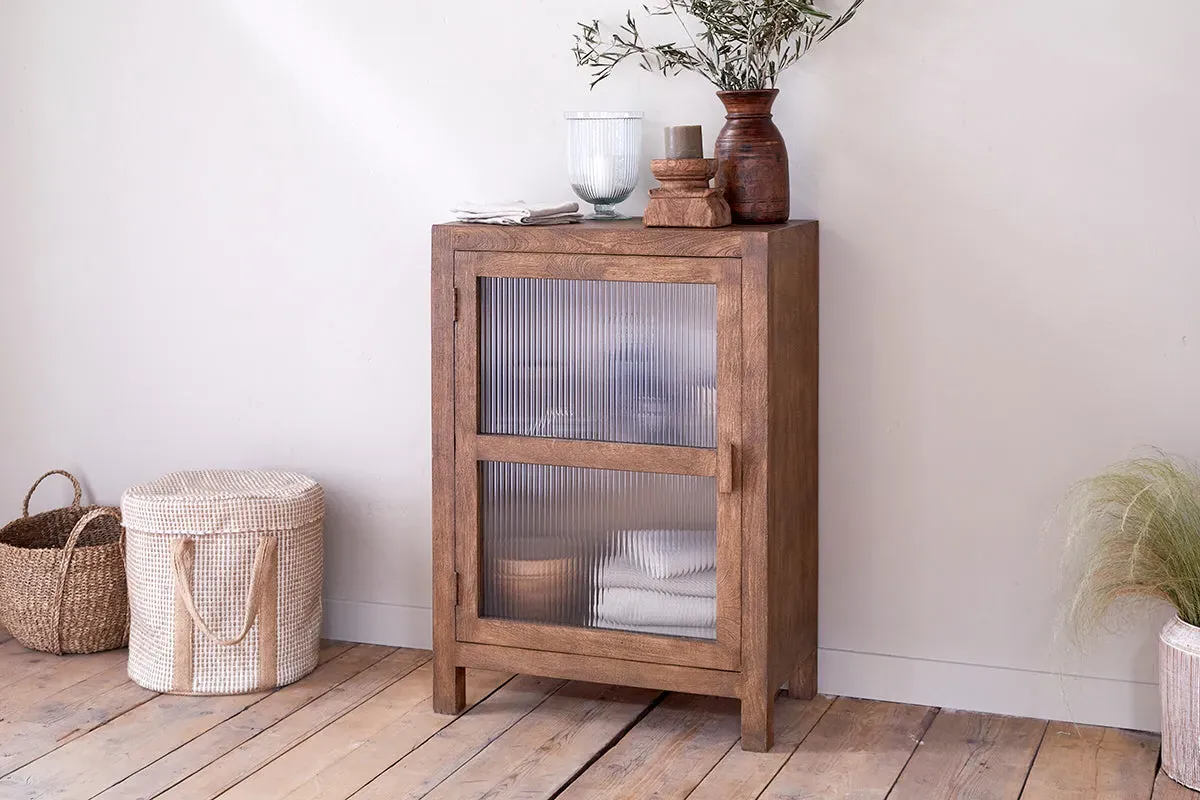 Mendani Low Mango Wood & Fluted Glass Cabinet - Walnut image
