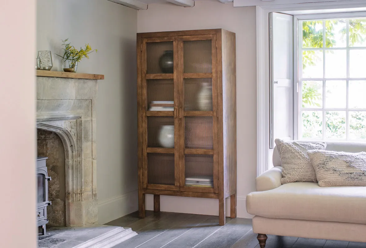 Mendani Mango Wood & Fluted Glass Cabinet - Walnut