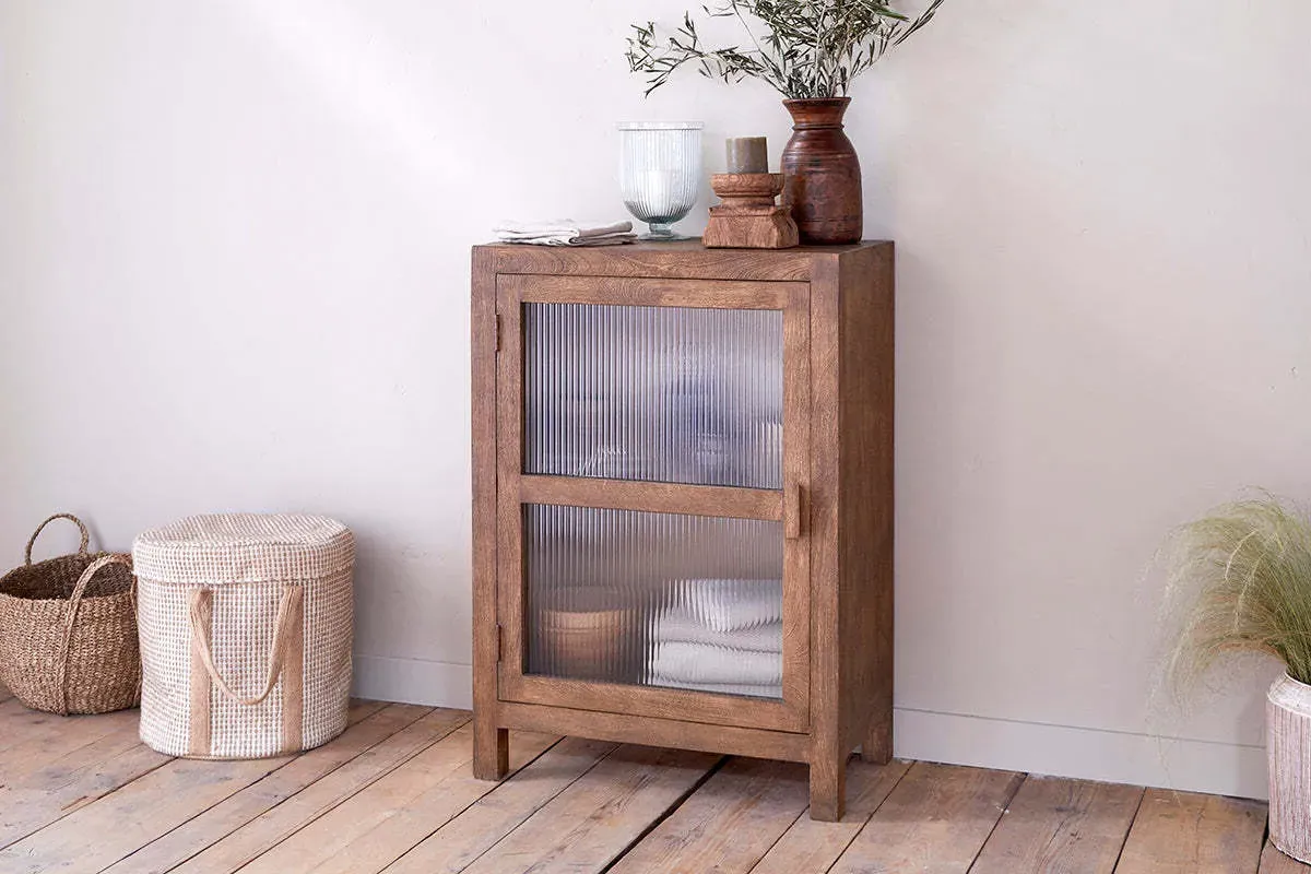 Mendani Low Fluted Glass Cabinet with Storage - Walnut, Mango Wood product