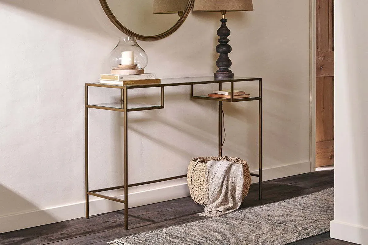 Nakuru Iron & Glass Console Table with Storage - Brass product