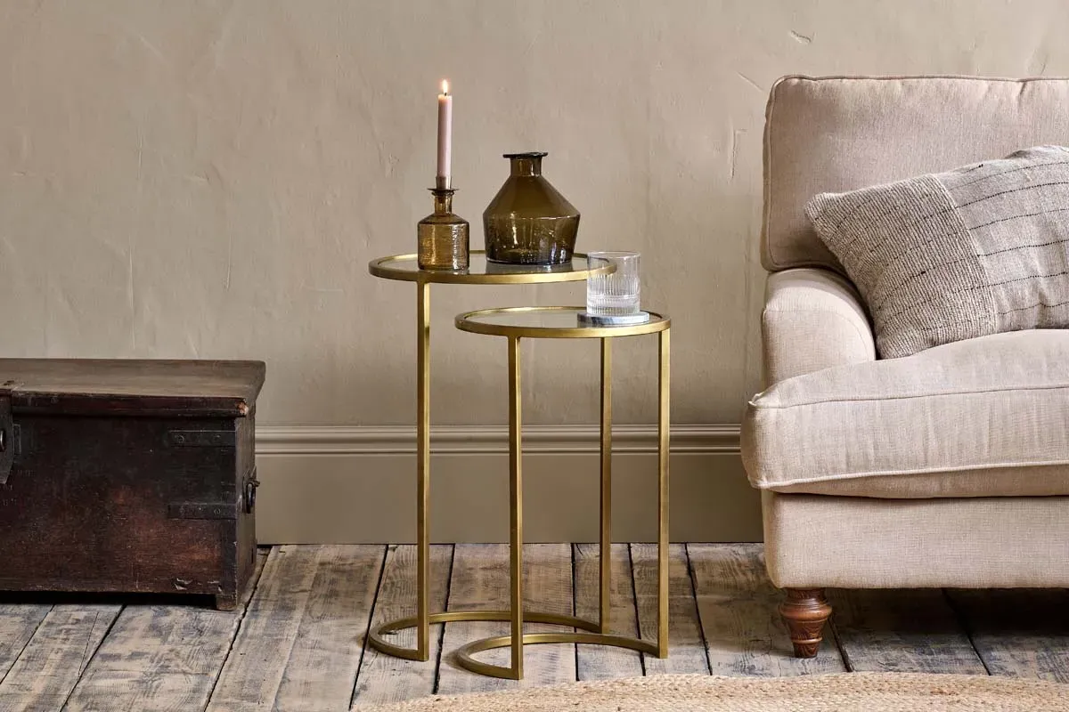 Nakuru Round Side Table Set of 2 - Brass, Iron & Glass image