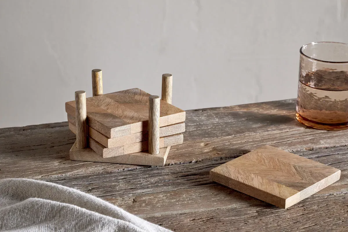 Nalbari Coasters Set of 4 with Stand - Natural