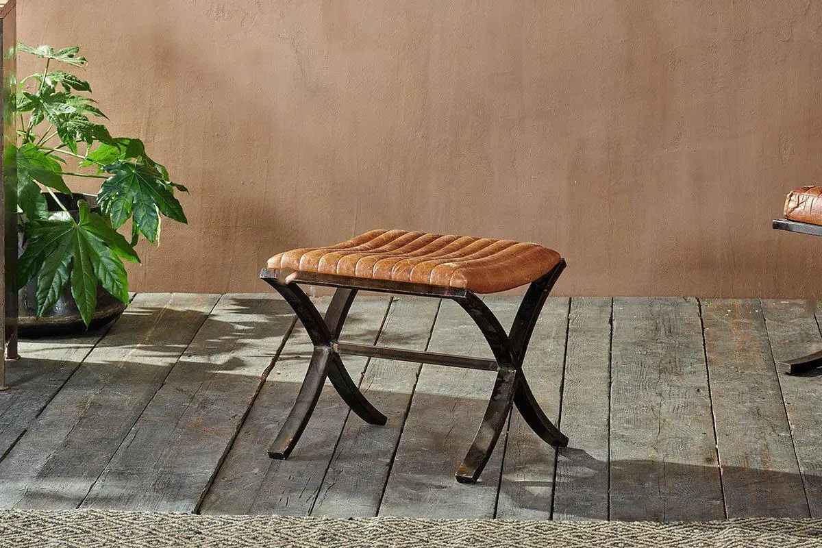Narwana Ribbed Leather Footstool - Aged Tan image