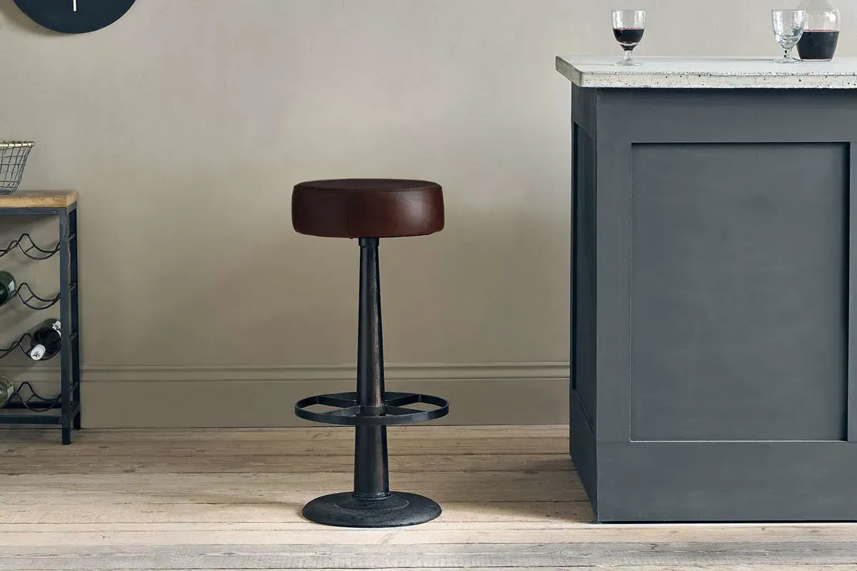 Narwana Round Stool - Dark Brown, Leather