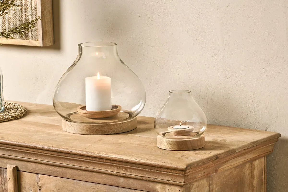 Naryla Small Mango Wood Lantern - Mango Wood, Glass