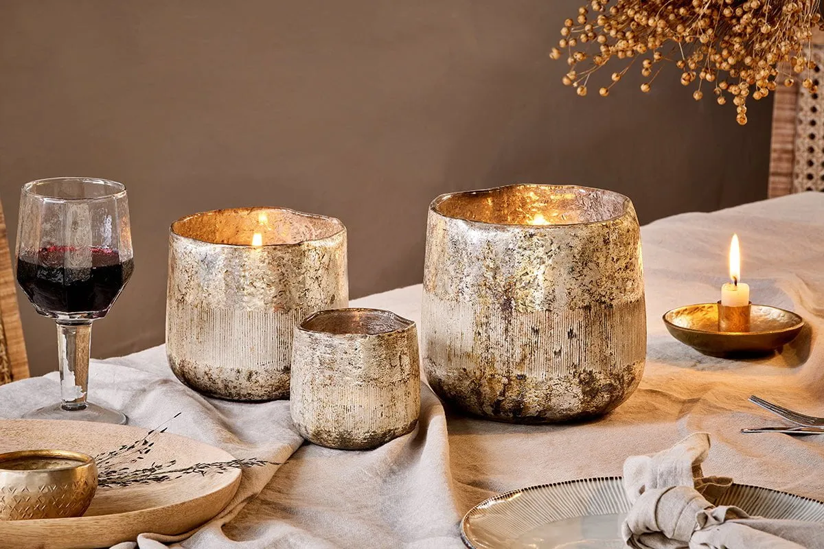 Nimit Large Tealight Holder - Antique Gold, Recycled Glass