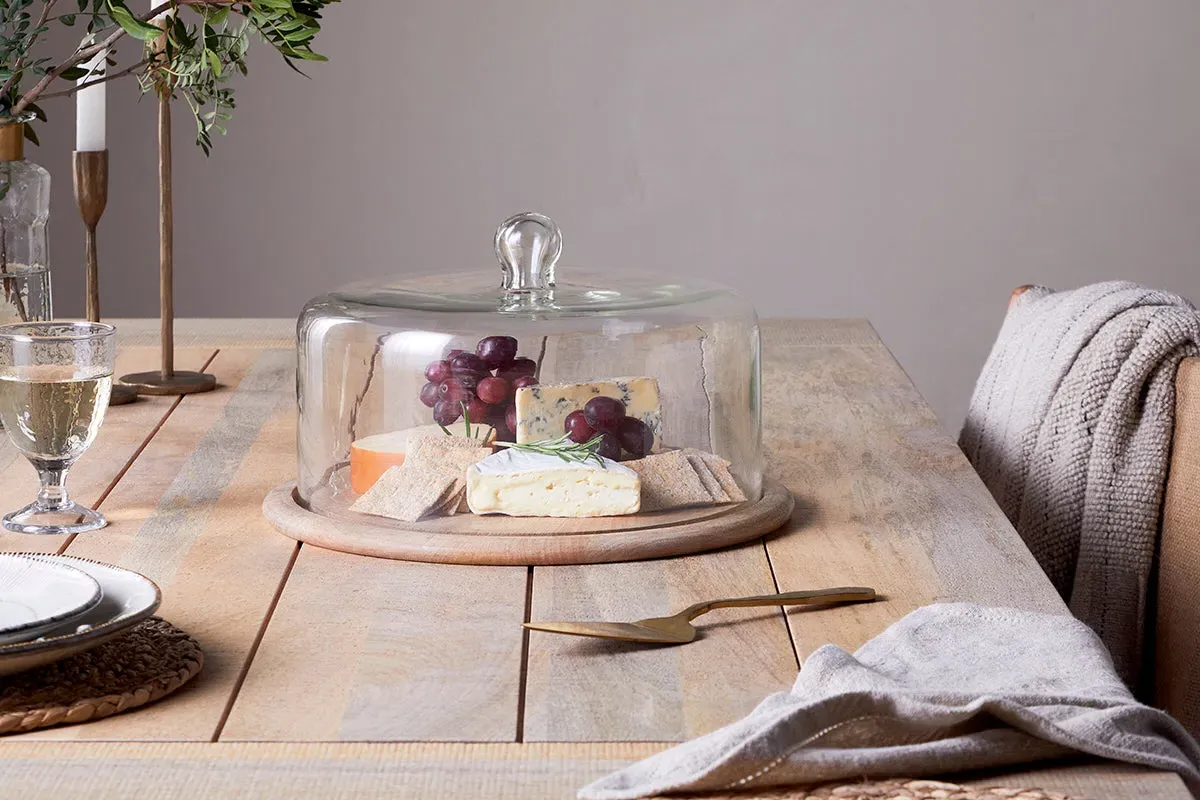 Recycled Glass Cake Dome with Stand - Clear, Mango Wood image