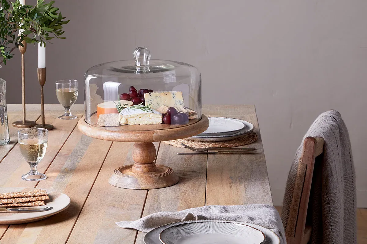 Recycled Glass Dome Cake Stand - Mango Wood