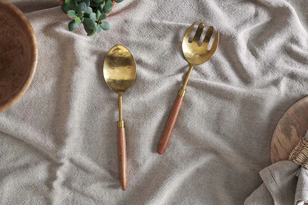 Soni Salad Servers Set of 2 - Gold, Acacia