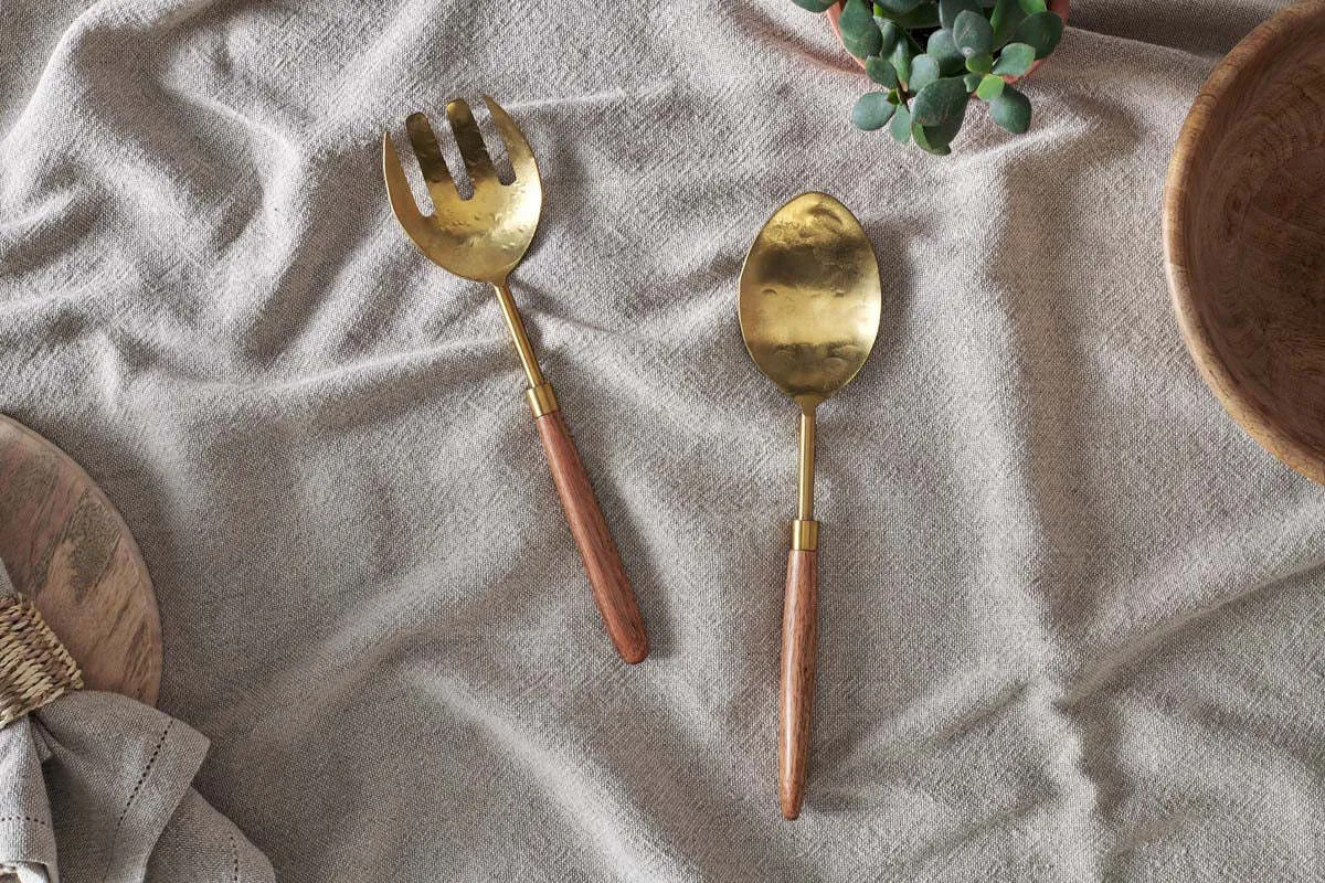 Soni Salad Servers Set of 2 - Gold, Acacia Wood product