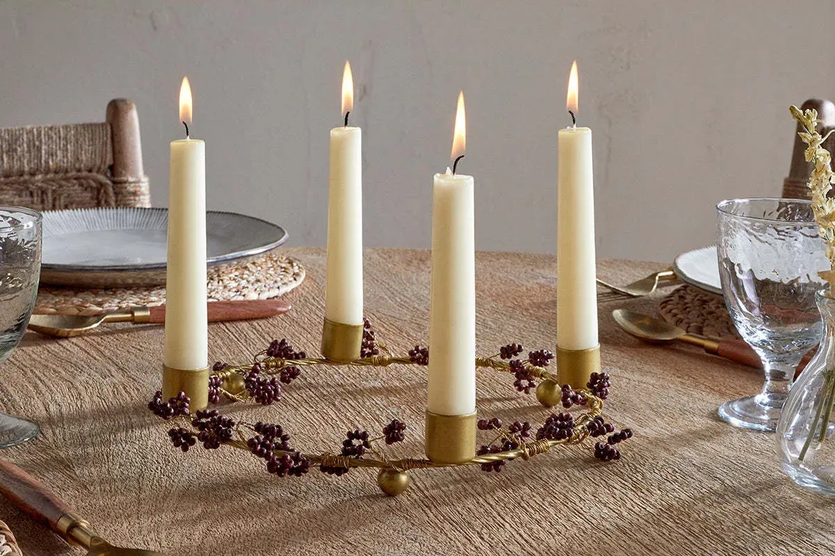 Tanu Beaded Candle Holder - Ruby, Mango Wood