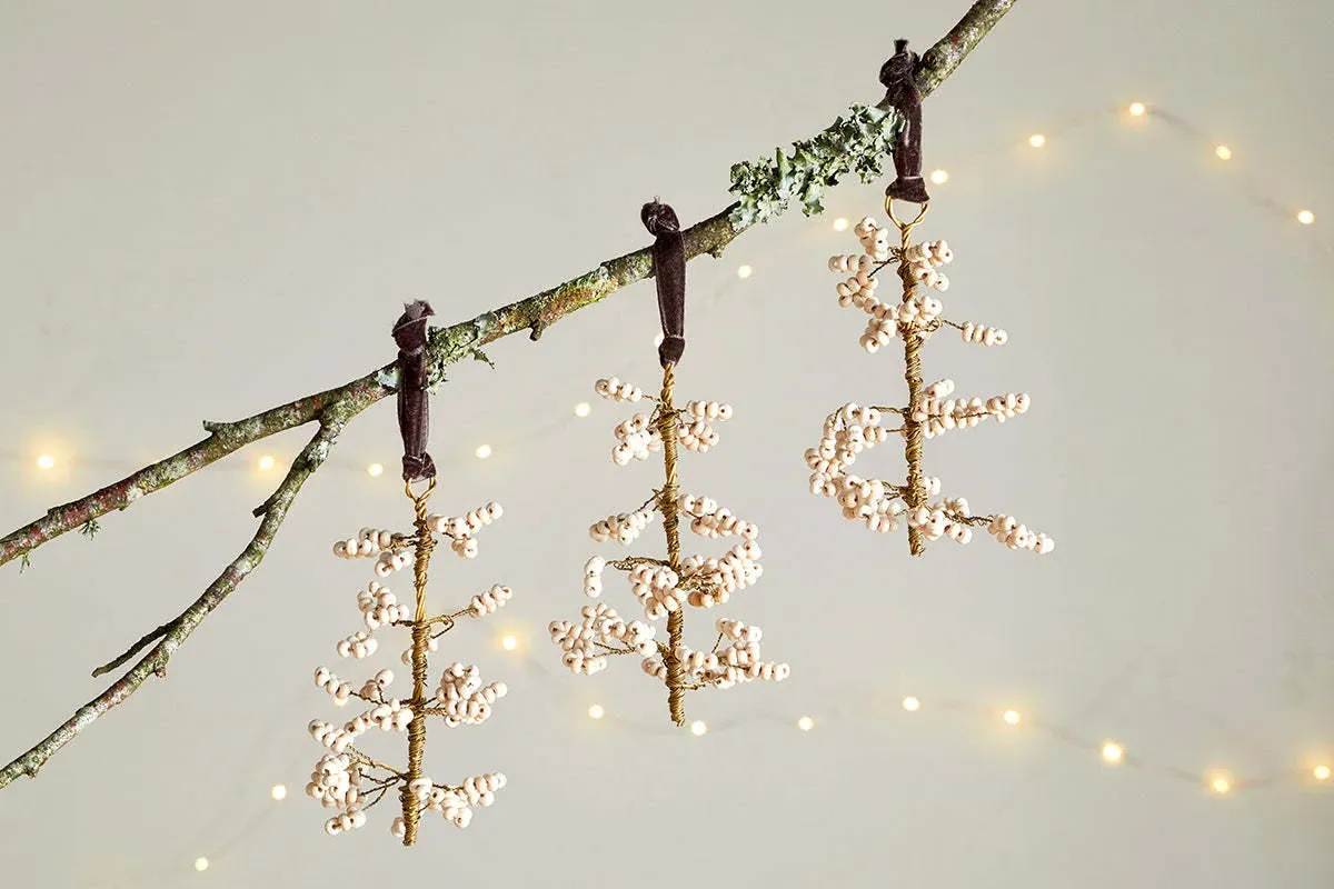 Tanu Set Of 3 Beaded Baubles - Natural, Mango Wood