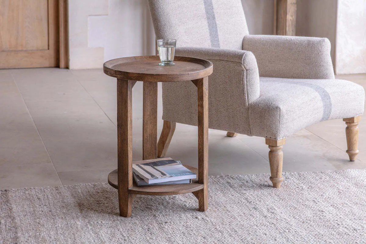 Triveni Round Side Table with Shelf - Walnut, Mango Wood product