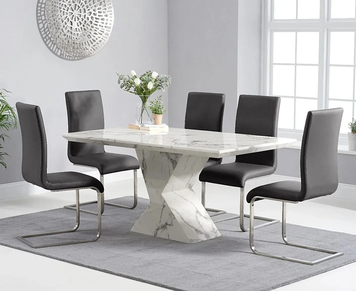 Aaron Dining Table with 4 Austin Chairs - White, Marble product