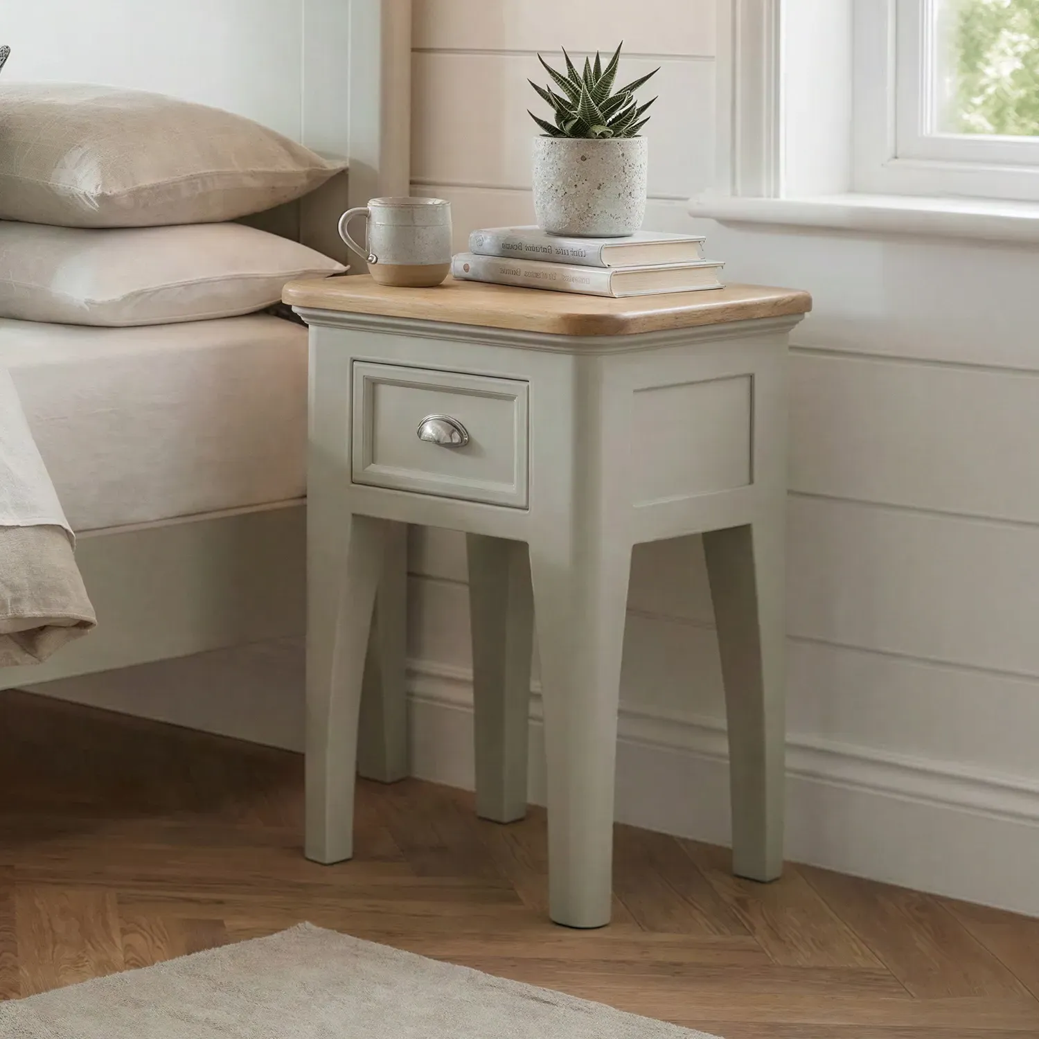 Brampton 1 Drawer Bedside Table - Soft Green, Solid Oak product