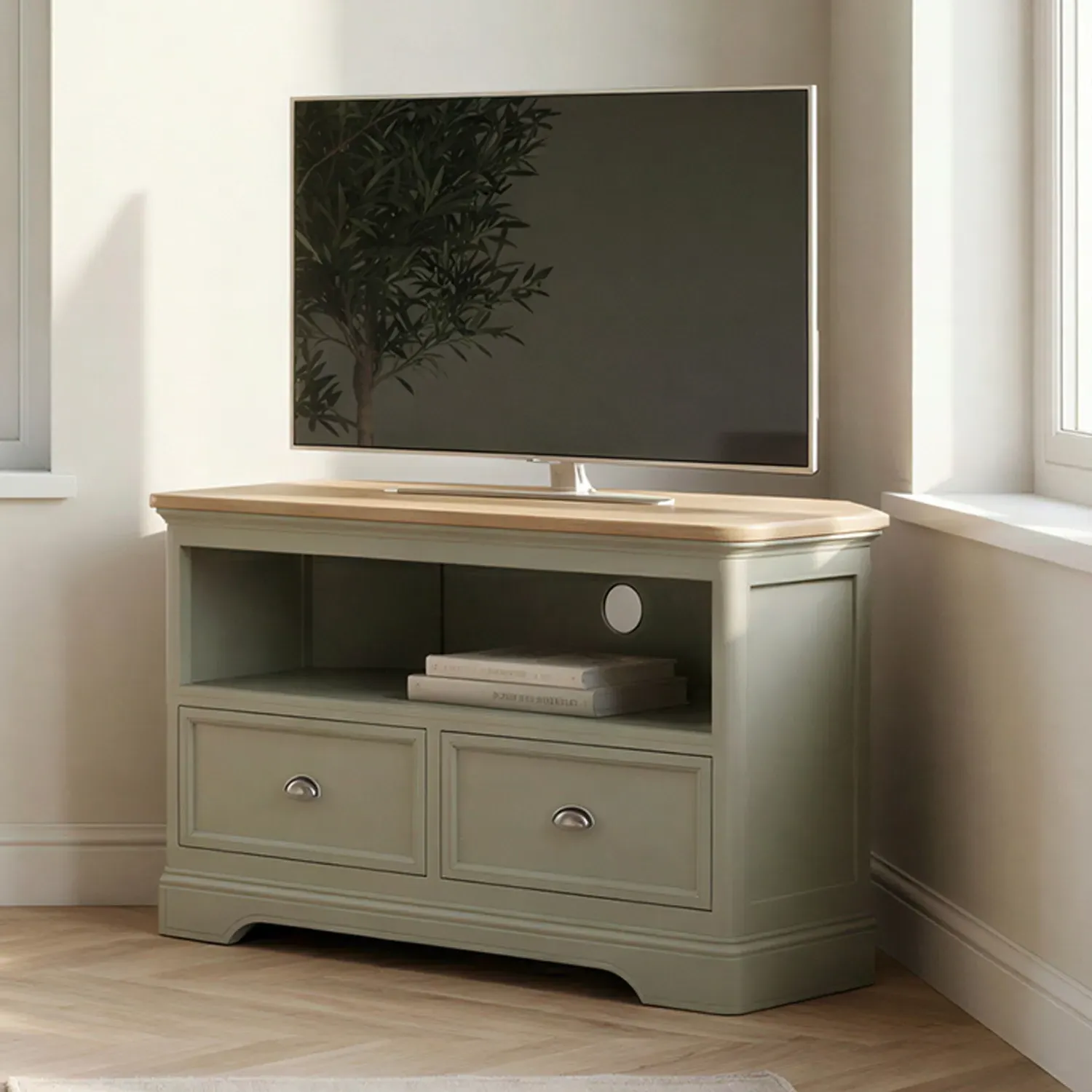 Brampton Corner TV Cabinet - Soft Green, Solid Oak product