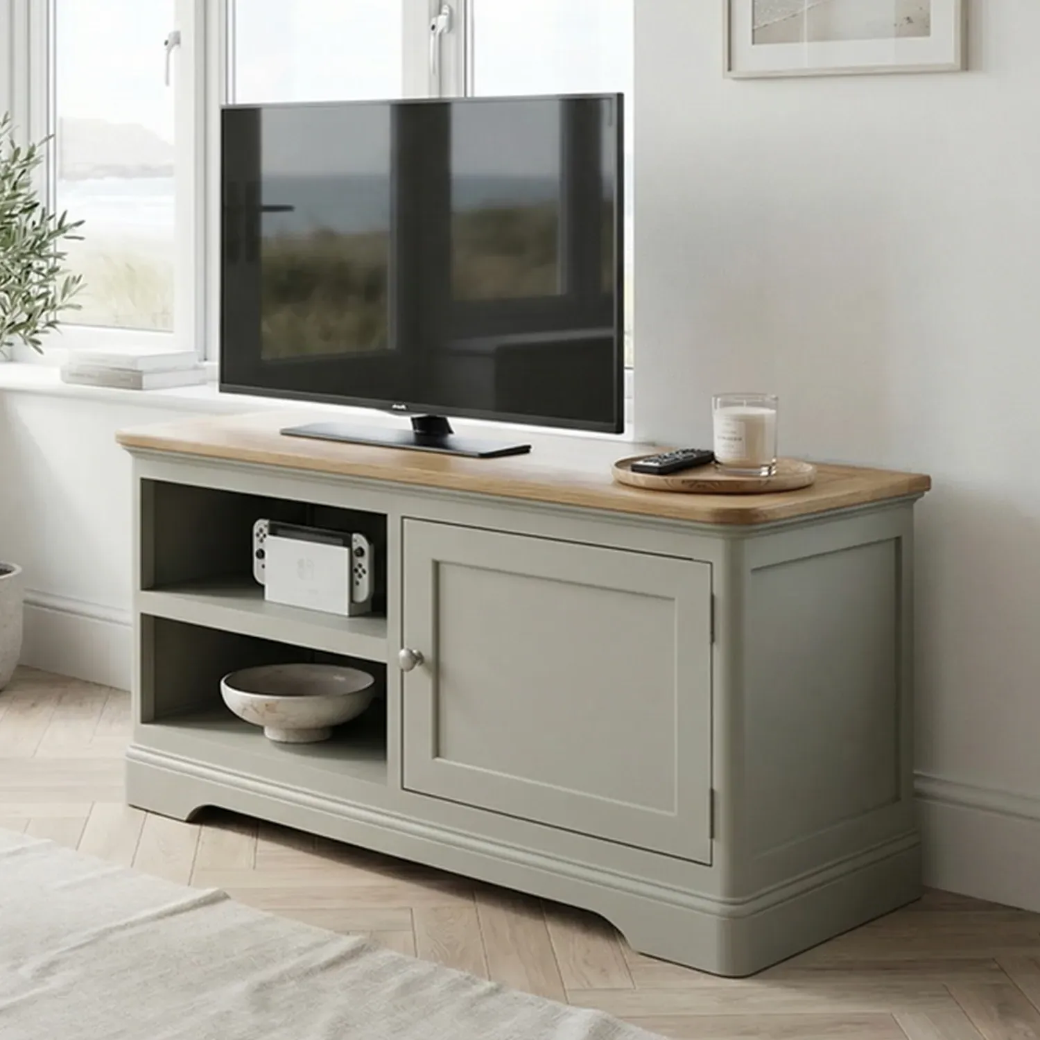 Brampton Small TV Cabinet - Soft Green, Solid Oak product