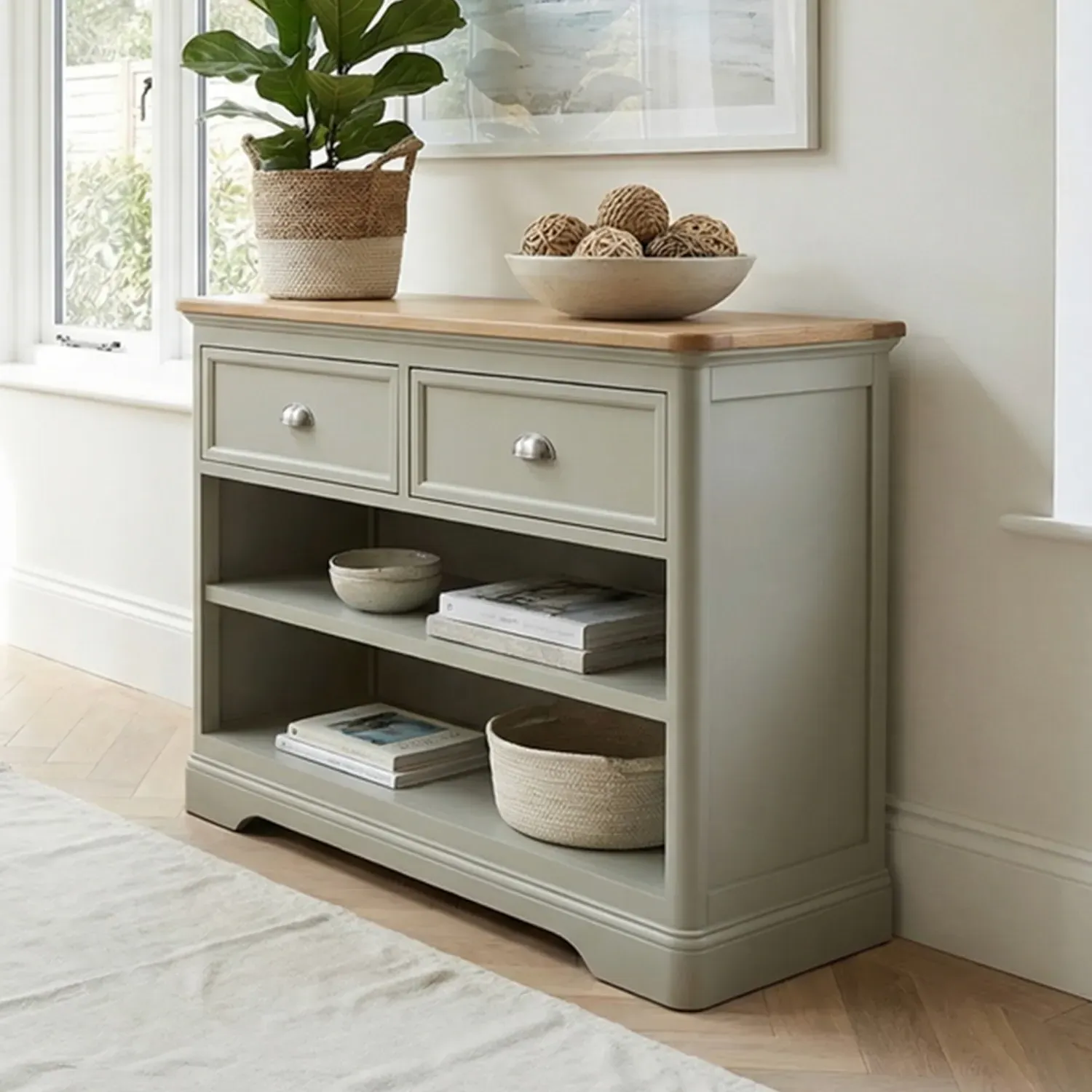 Brampton Storage Console Table - Soft Green, Solid Oak product