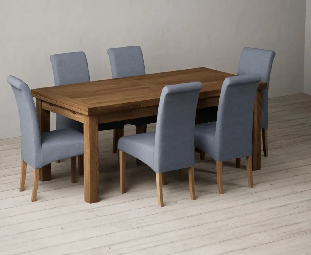 Buxton Extendable Dining Table & 6 Blue Scroll Back Chairs - Rustic, Solid Oak product