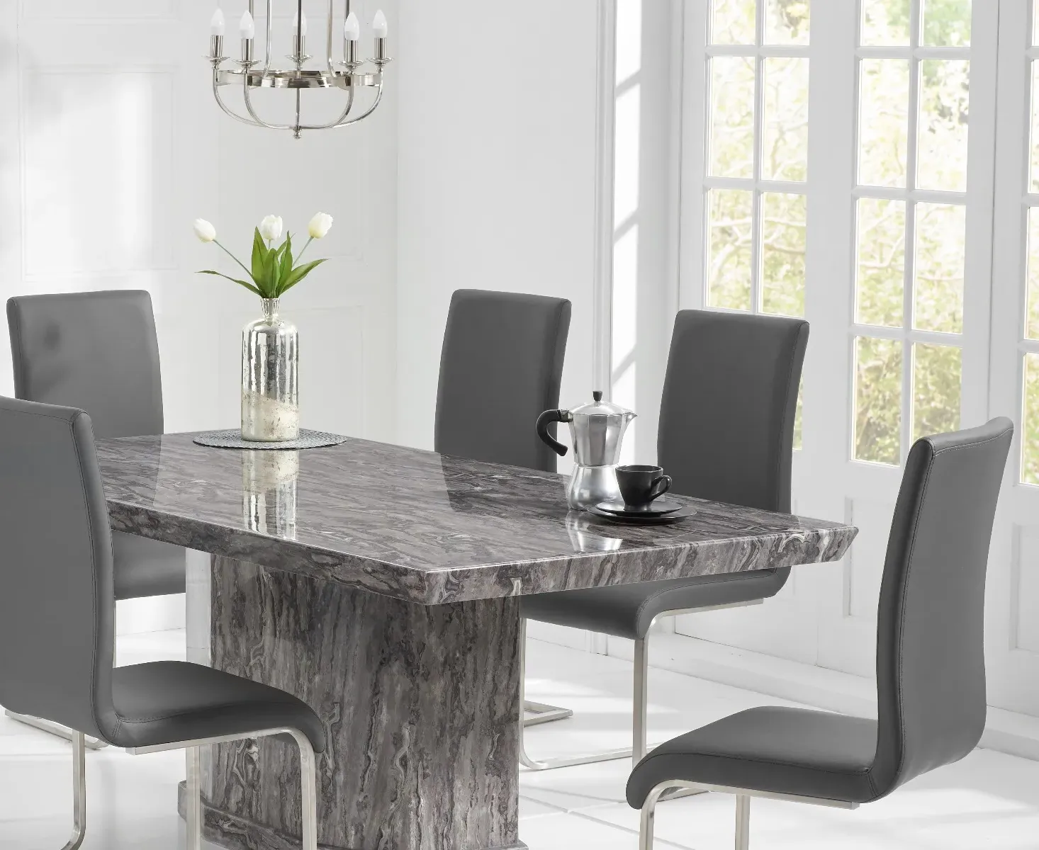 Carvelle Pedestal Dining Table & 4 Austin Chairs - Dark Grey, Marble product