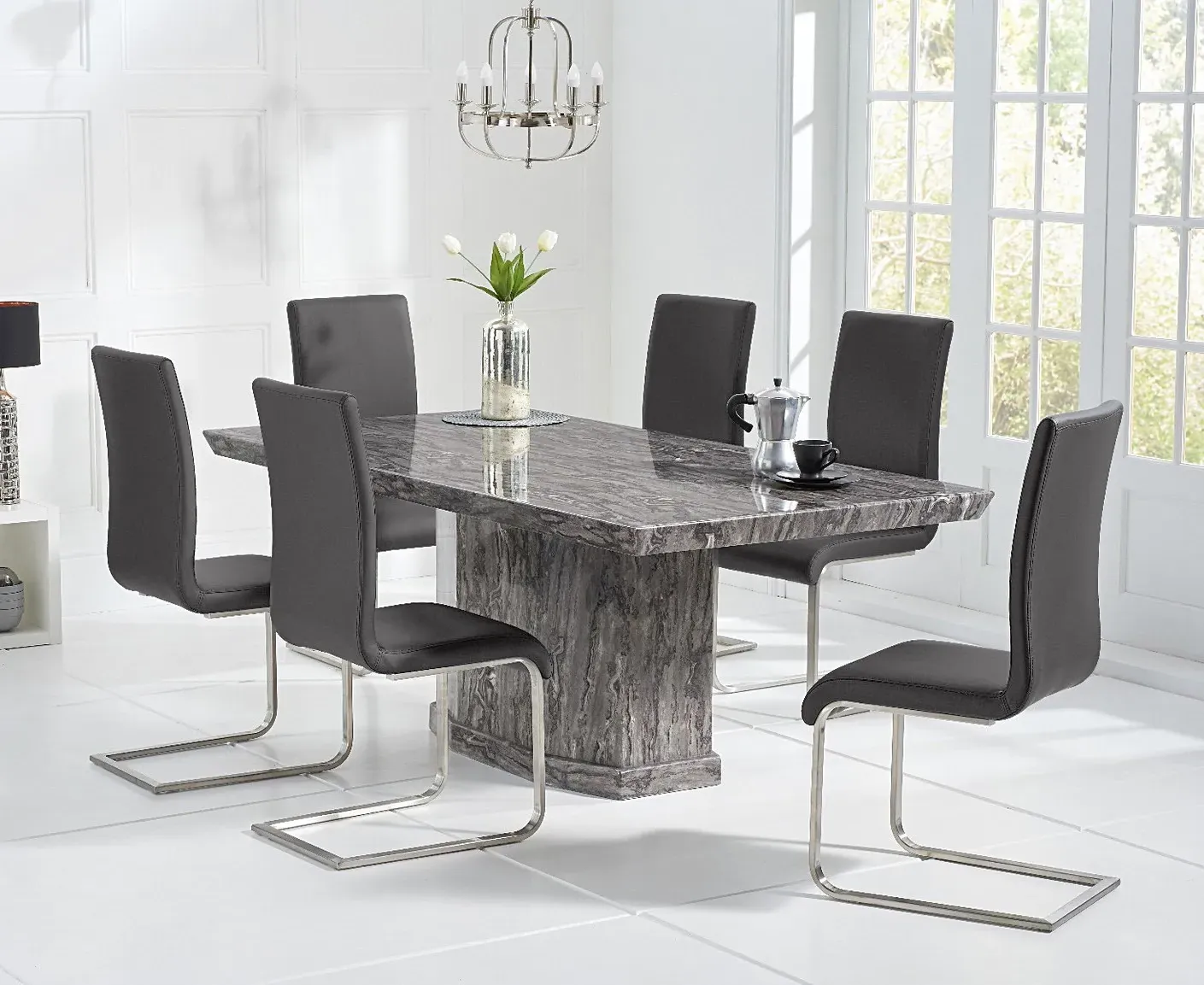 Carvelle Pedestal Dining Table & 6 Austin Chairs - Dark Grey, Marble product
