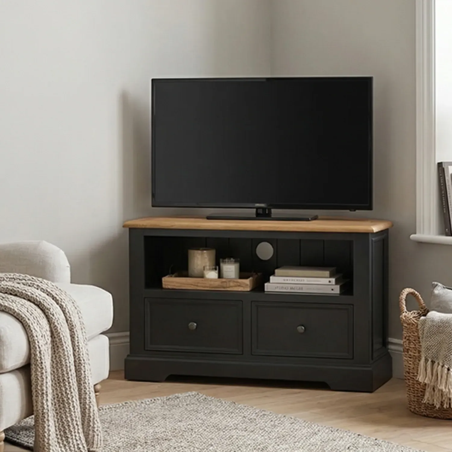 Charlton Corner TV Cabinet - Black, Solid Oak product