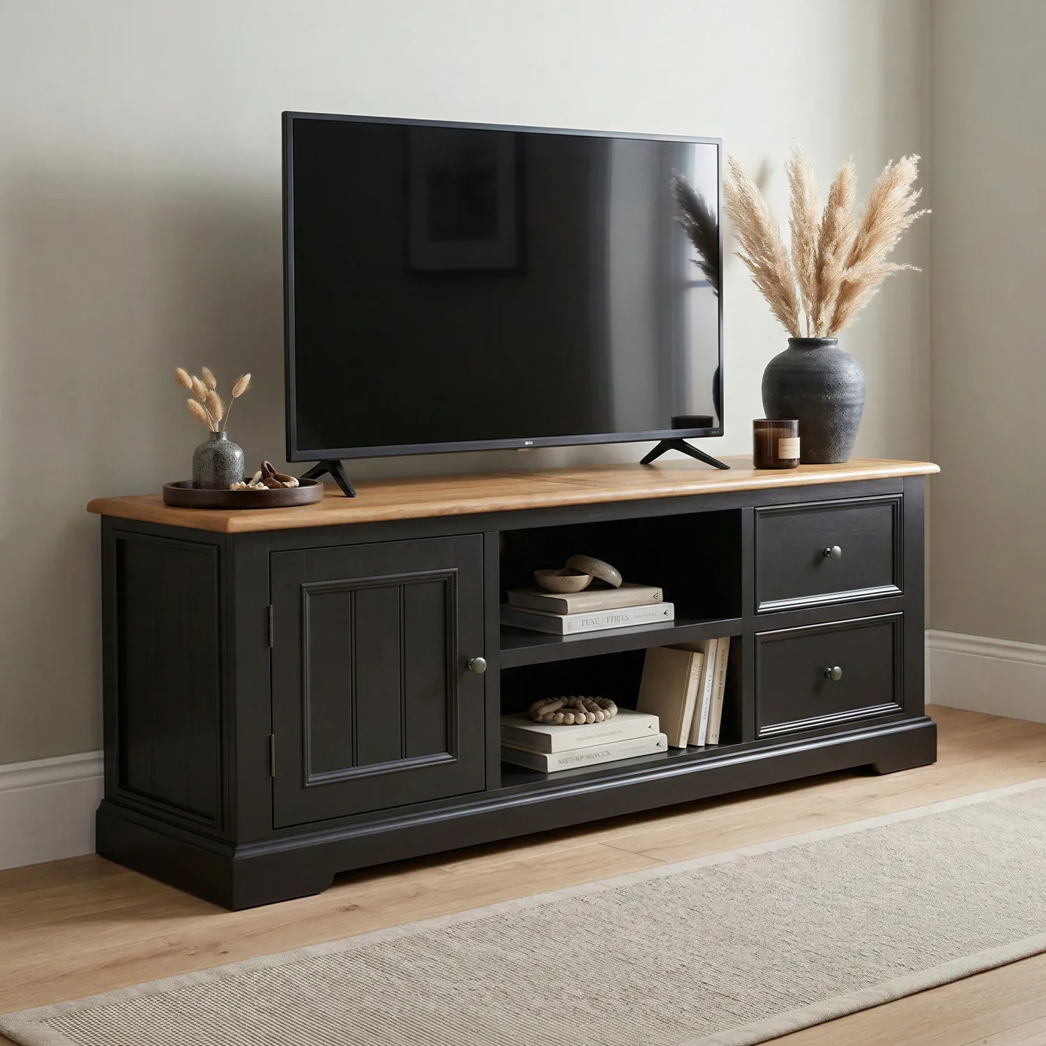 Charlton Super Wide TV Cabinet - Black, Solid Oak product