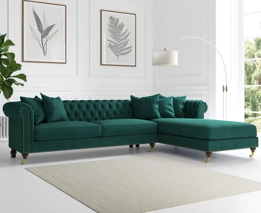 Chiswick L-Shaped Chesterfield Chaise Sofa - Green, Velvet product