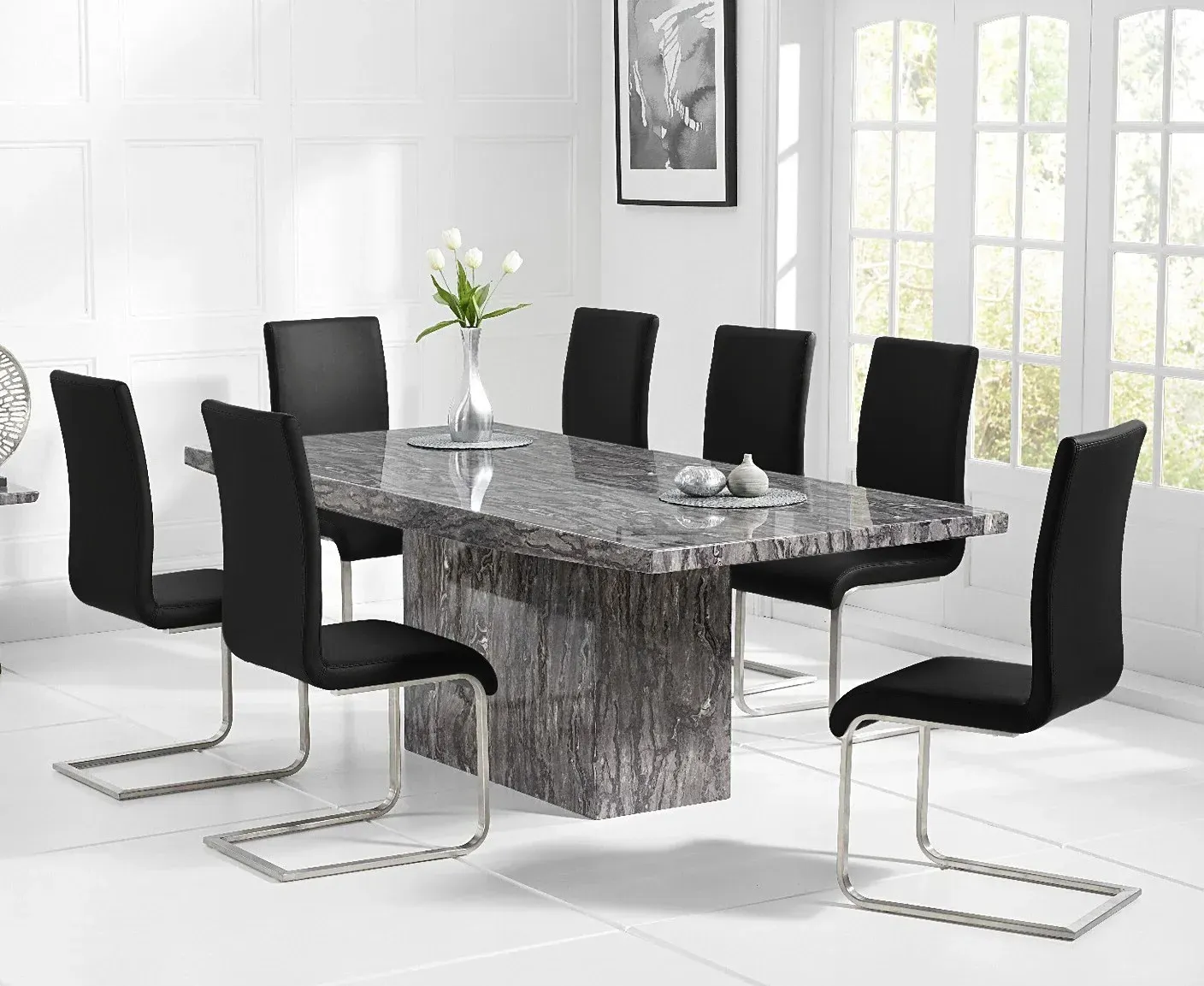 Crema Dining Table & 6 Austin Chairs Set - Grey, Marble product