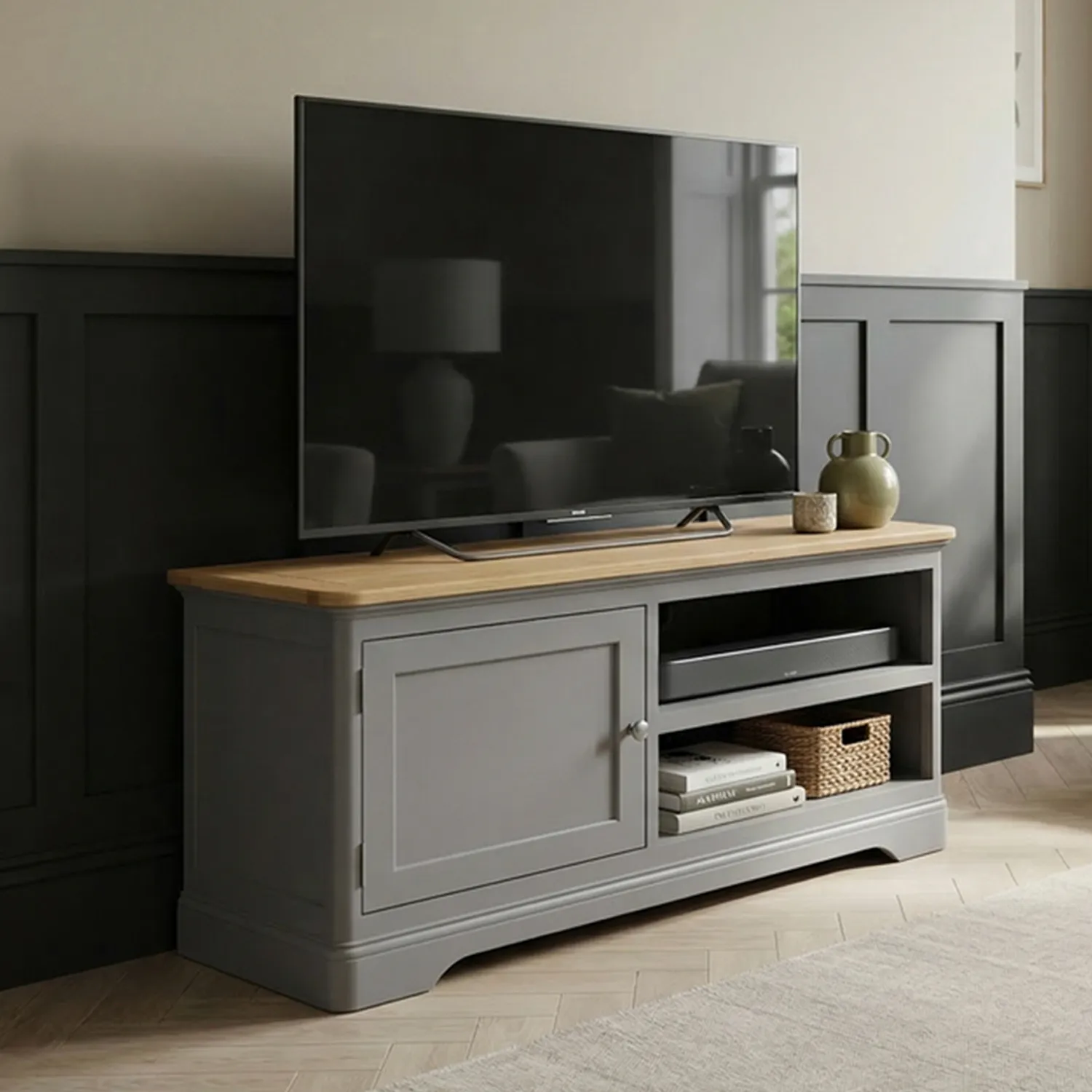 Felton Small TV Cabinet - Grey, Solid Oak product