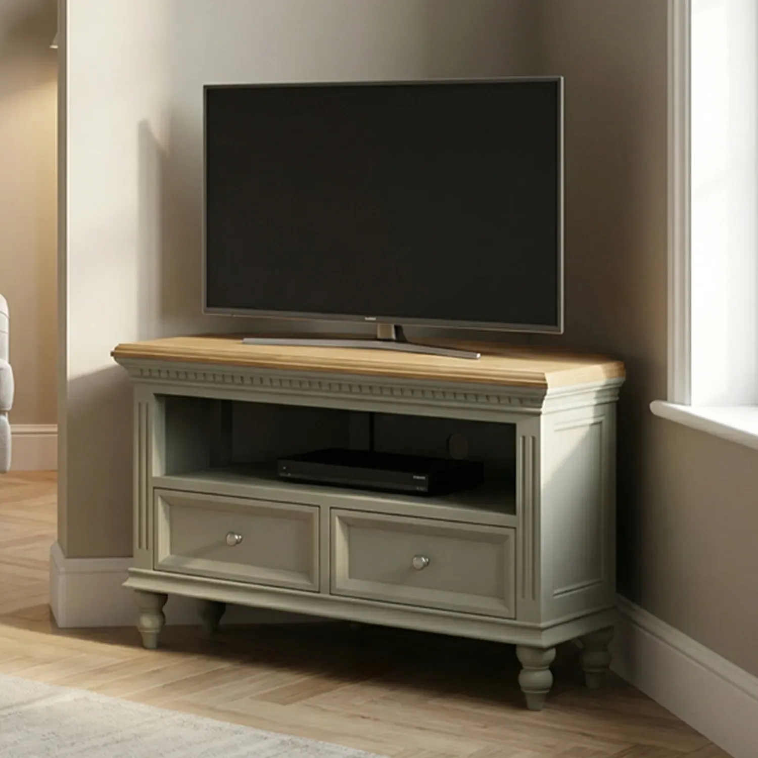 Francis Corner TV Cabinet - Soft Green, Oak product