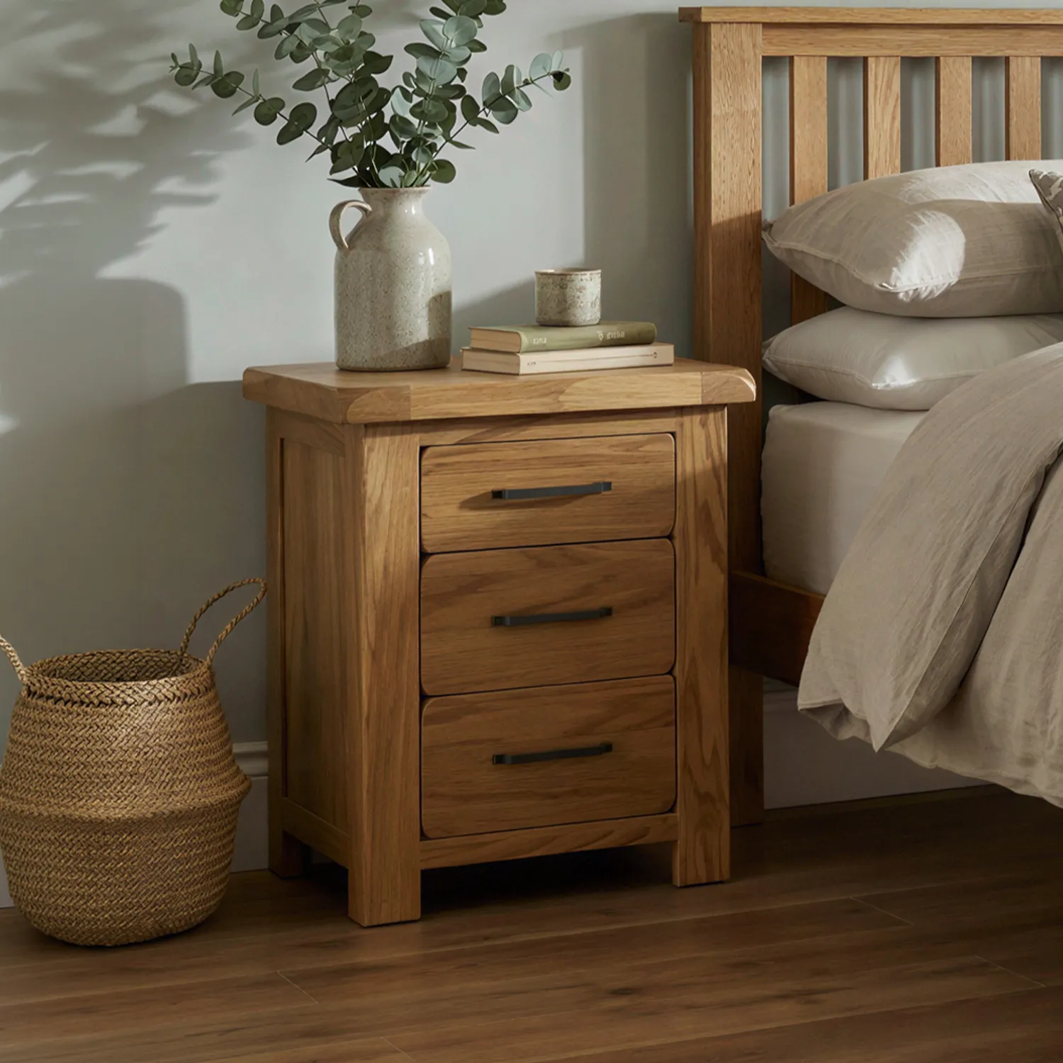 Harrogate 3 Drawer Bedside Table - Rustic, Solid Oak product