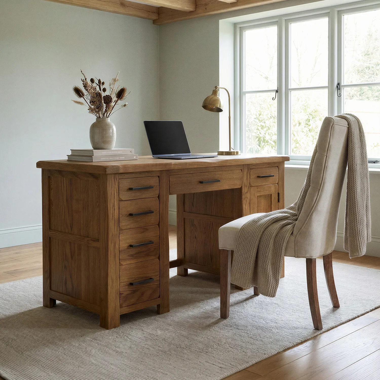 Harrogate Collection Computer Desk with 6 Drawers & Door - Rustic, Solid Oak product