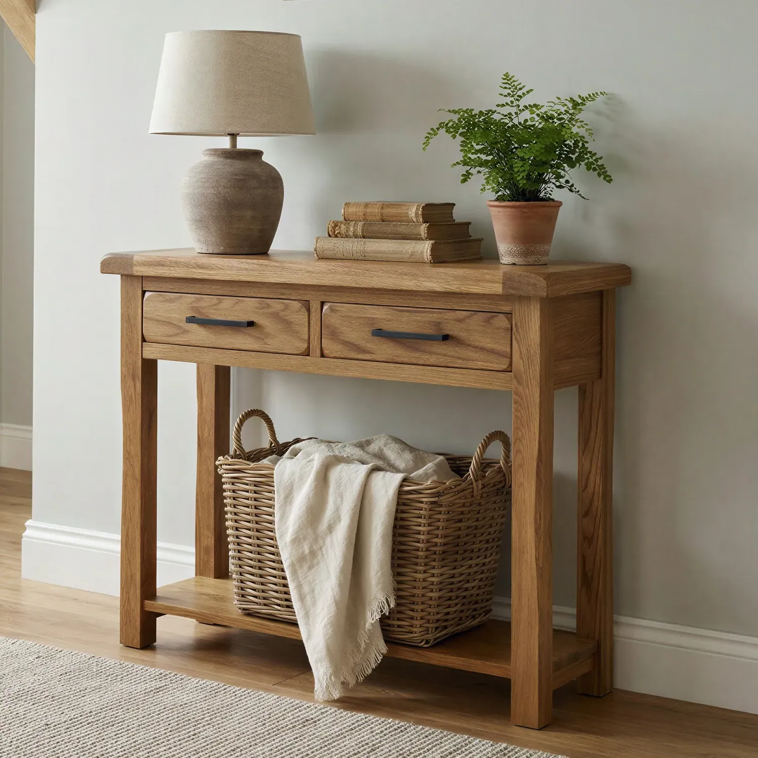 Harrogate Console Table with 2 Drawers & Shelf - Rustic, Solid Oak product