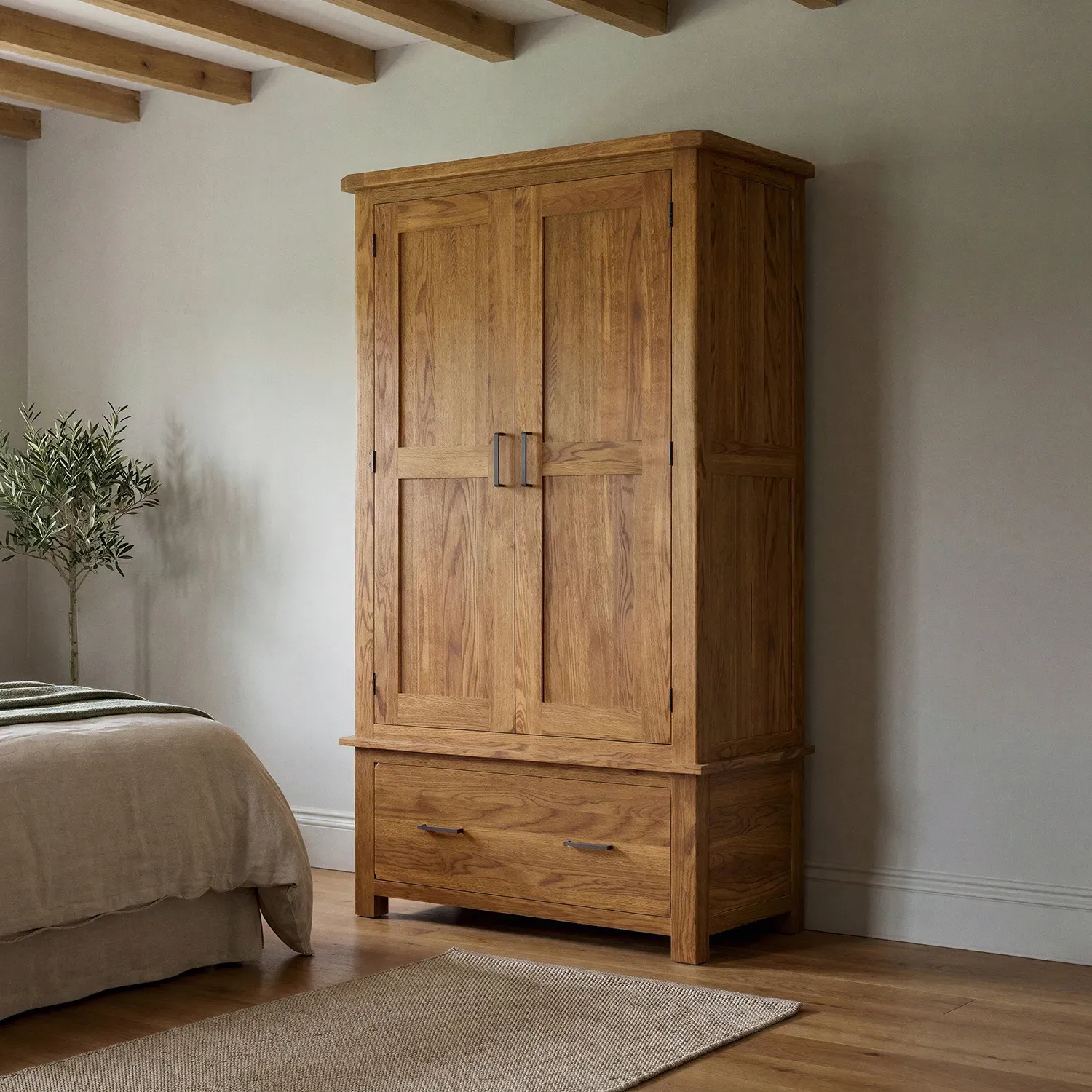 Harrogate Double Wardrobe 2 Doors with Drawer - Rustic, Solid Oak product