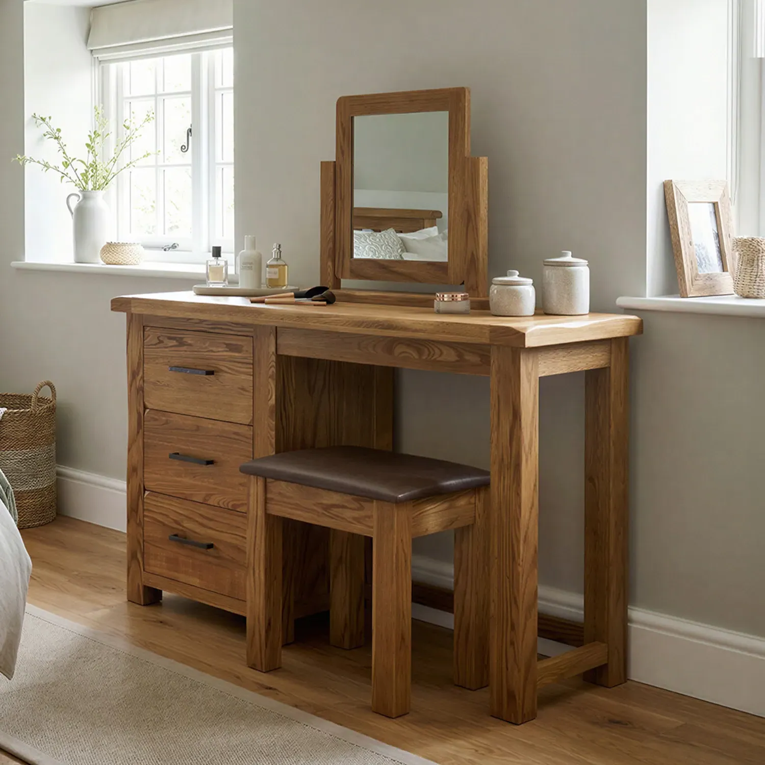 Harrogate Dressing Table Set with Mirror & Stool - Rustic, Solid Oak product