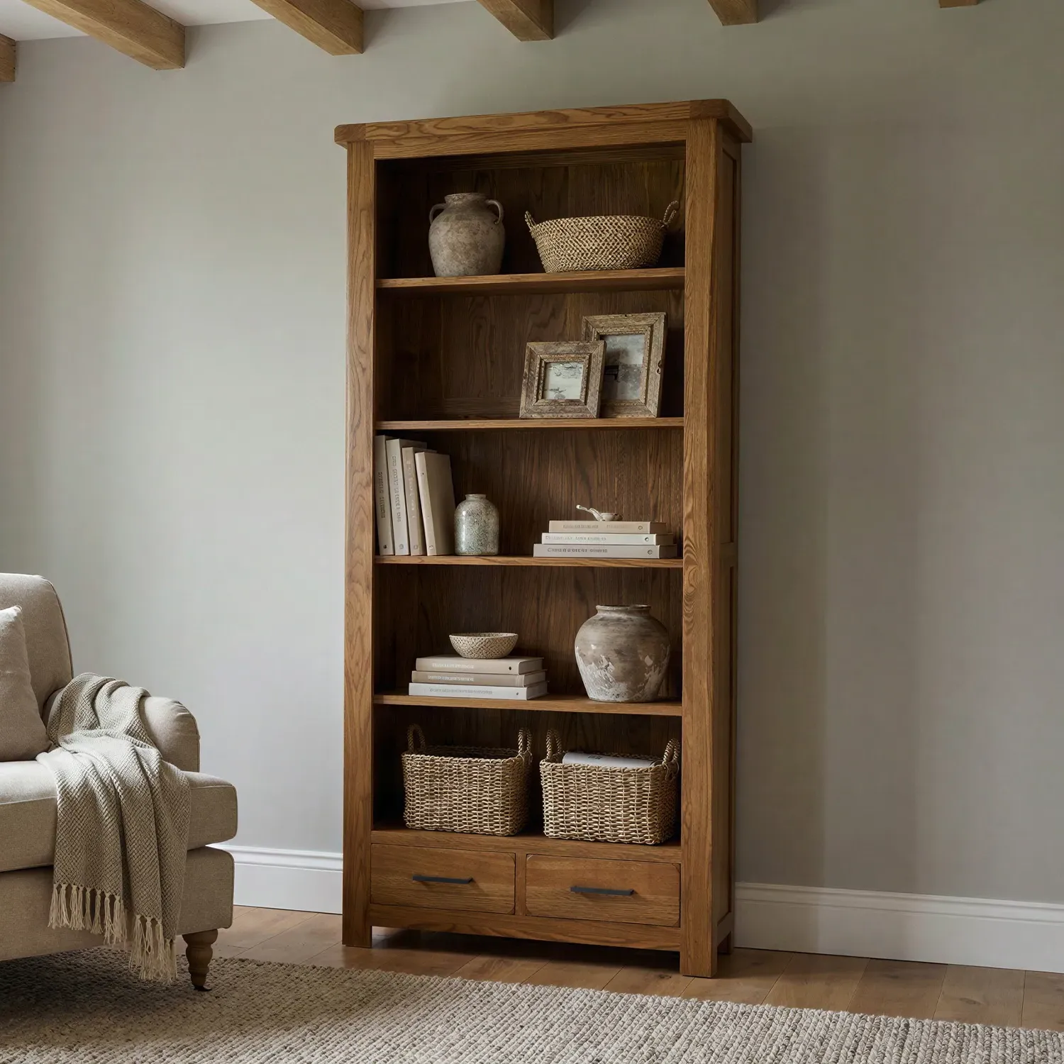 Harrogate Tall Bookcase with Drawers - Rustic, Solid Oak product