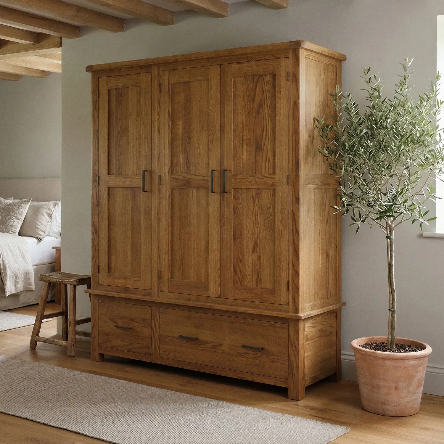 Harrogate Triple Wardrobe with Drawers - Rustic, Solid Oak product