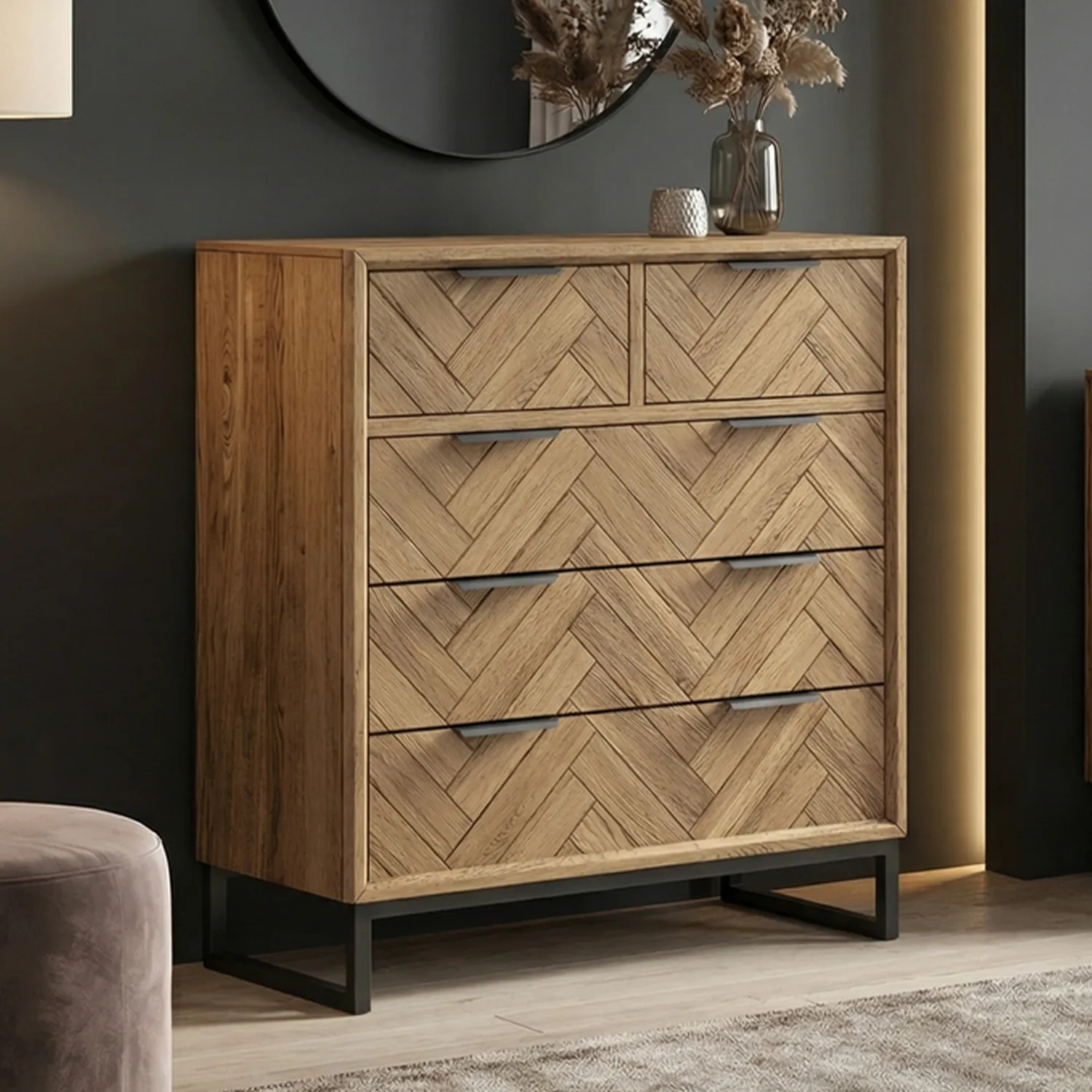 Herringbone 2 Over 3 Chest of Drawers - Oak, Solid Oak product
