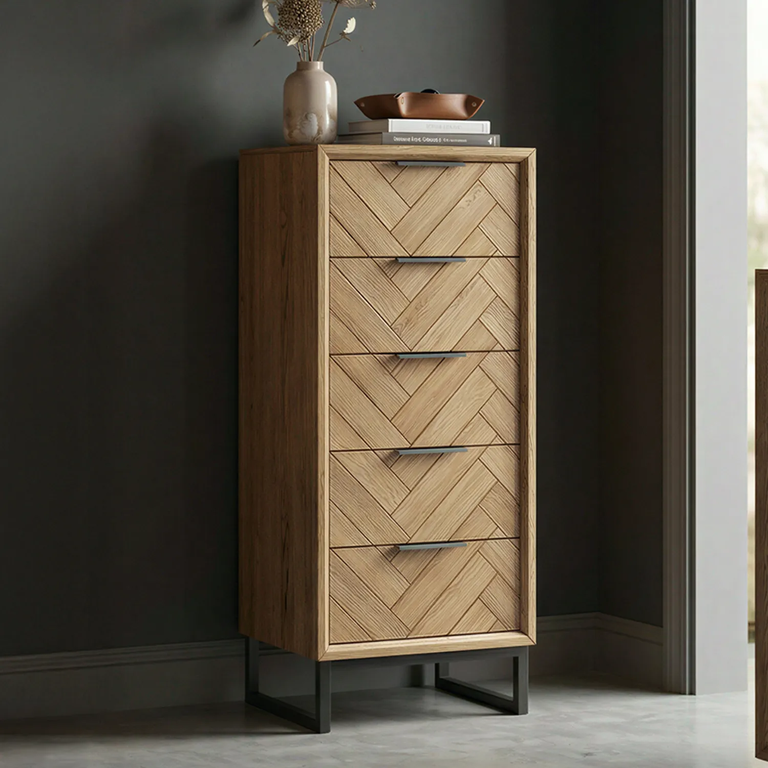 Herringbone 5 Drawer Tallboy Chest - Oak, Solid Oak product