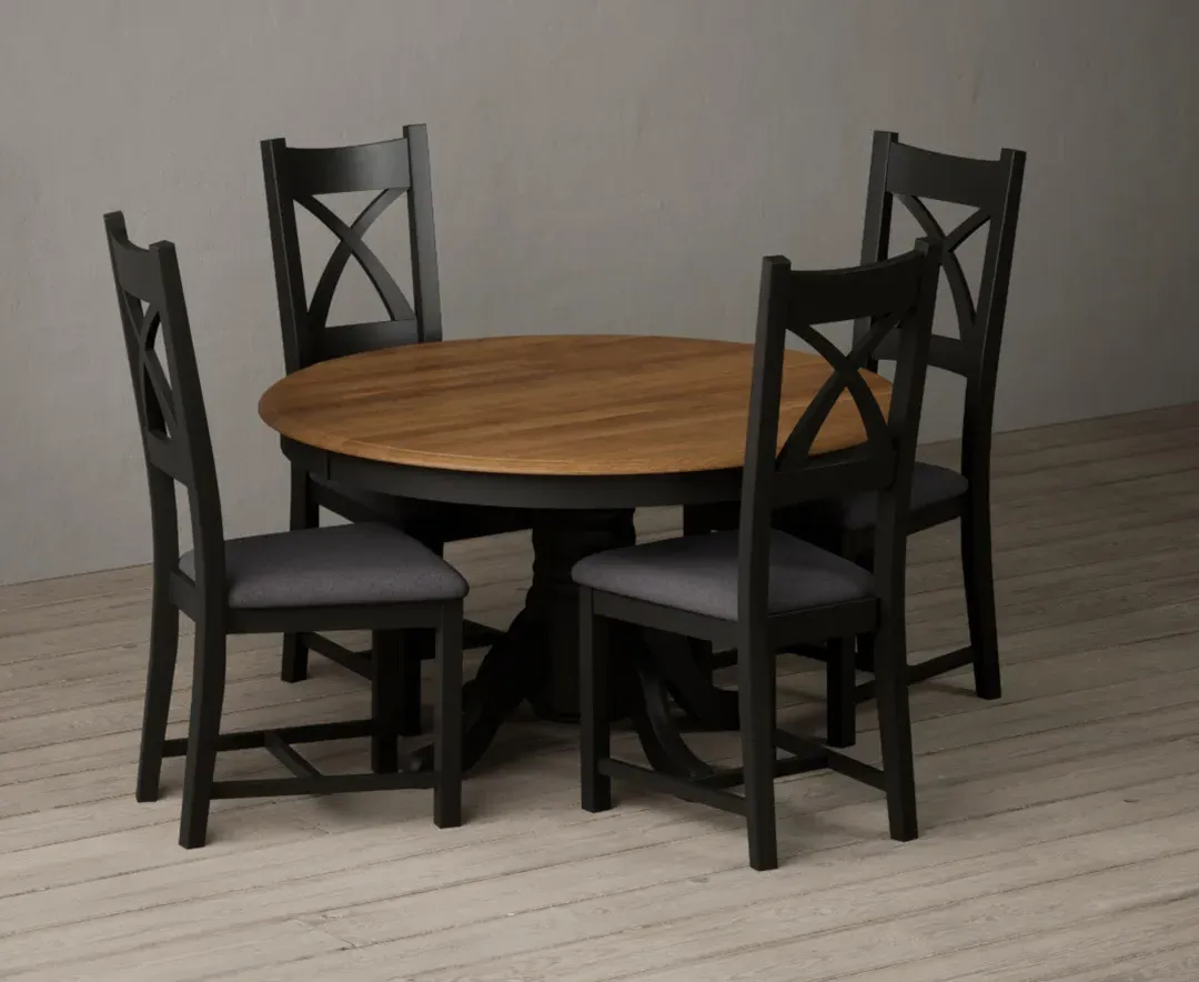 Hertford Dining Table & 4 Charcoal Grey Chairs - Black, Solid Oak product