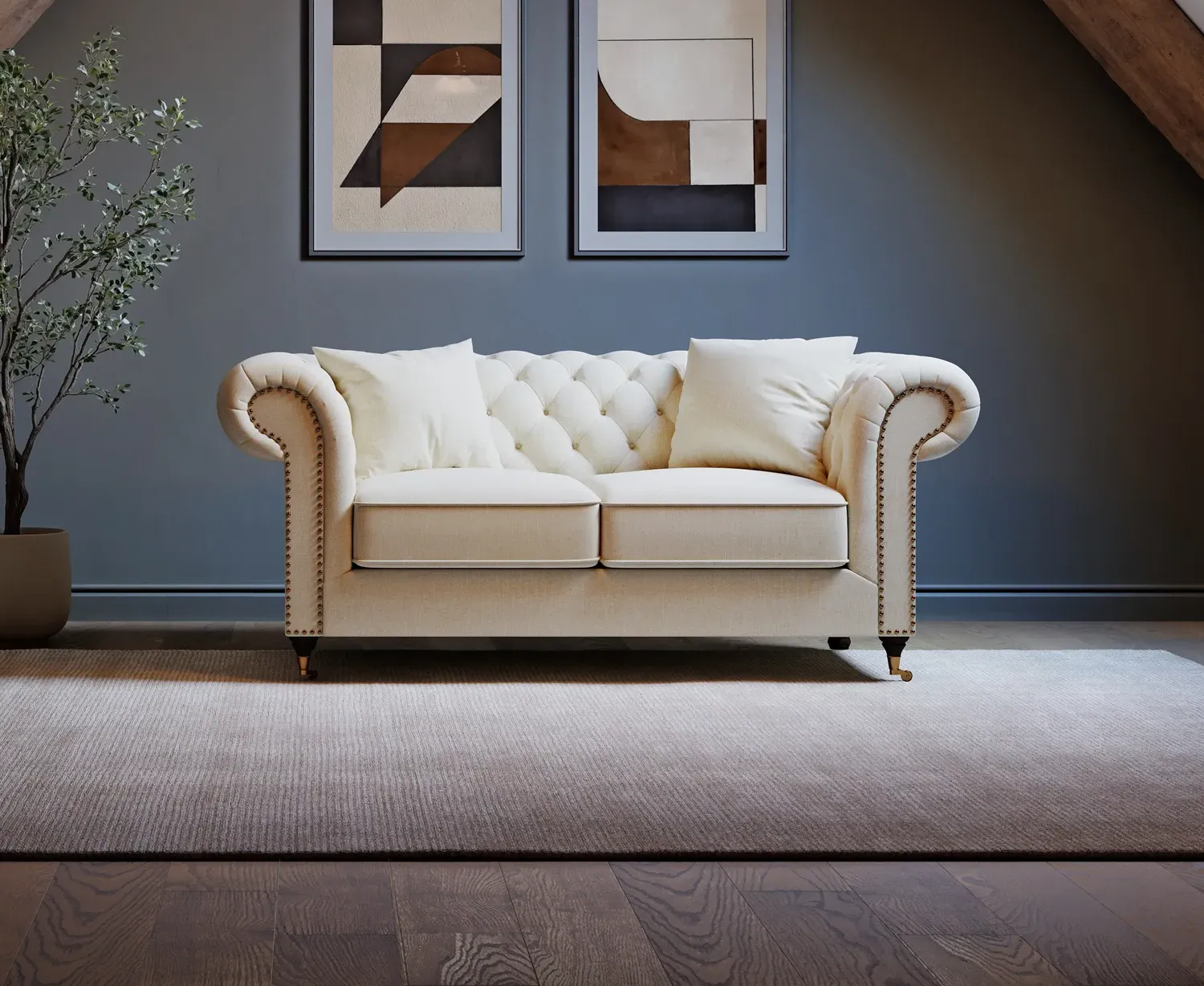 Kensington Chesterfield 2-Seater Sofa - Ivory, Linen product
