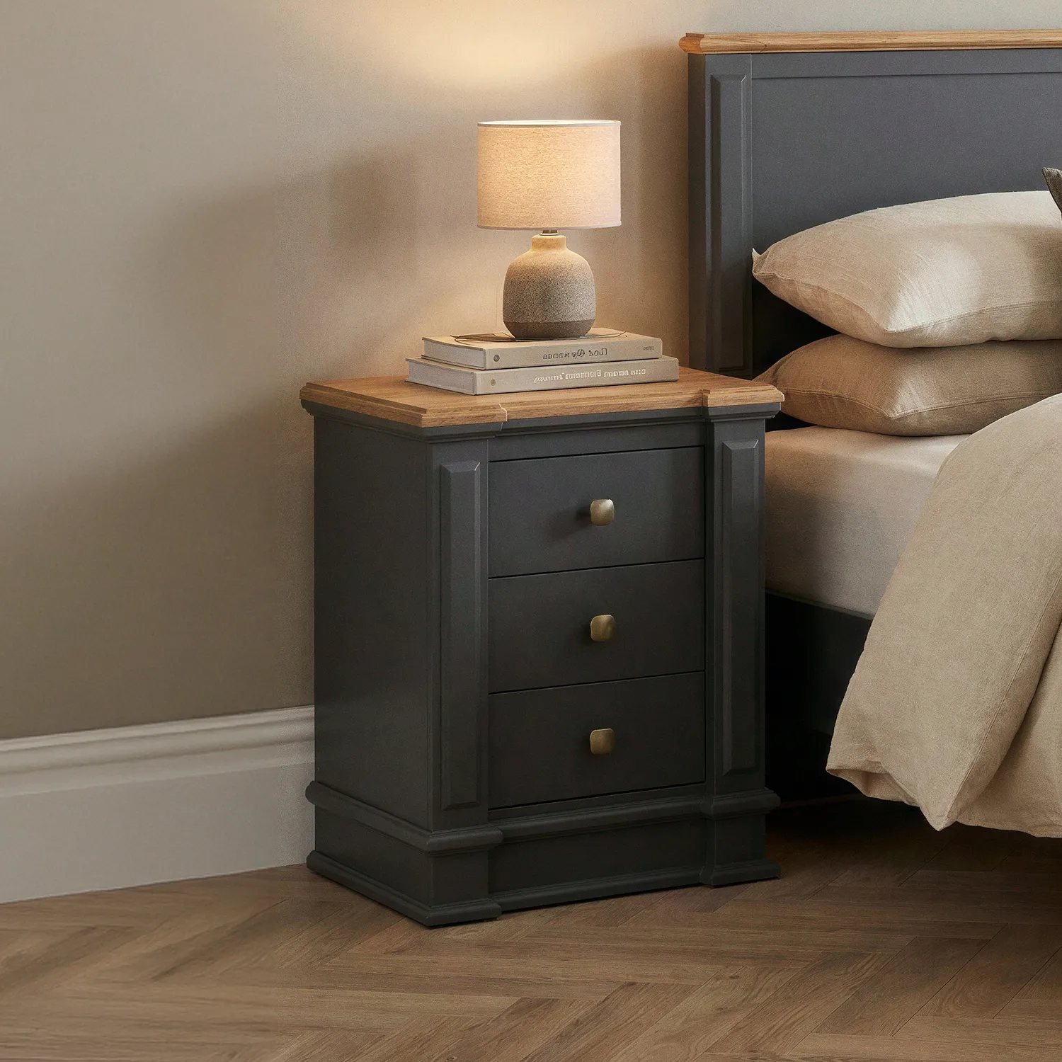 Lawson 3 Drawer Bedside Chest - Charcoal, Solid Oak product