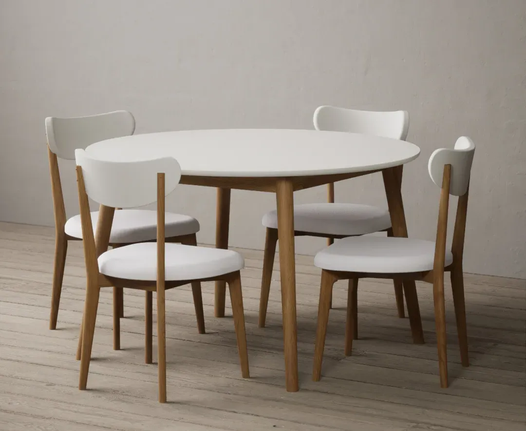 Nordic Round Dining Table & 4 White Chairs - Oak, White, Solid Oak product