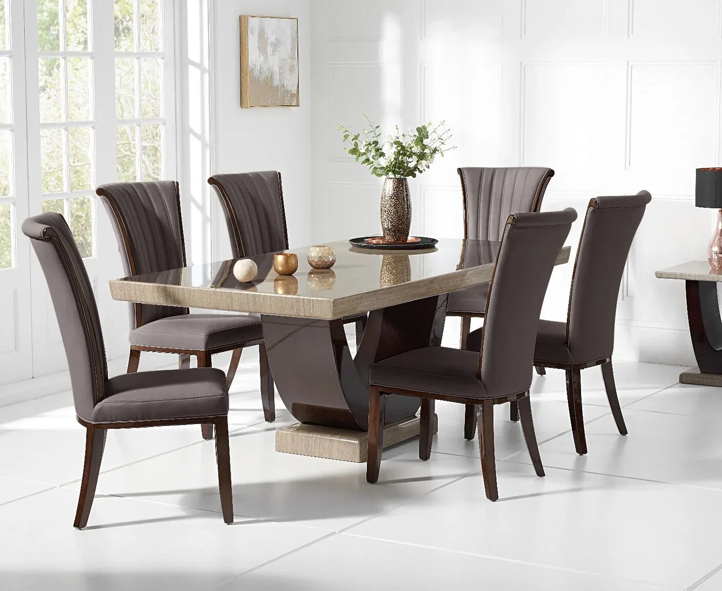 Novara Pedestal Dining Table & 4 Lorient Chairs - Brown, Marble product