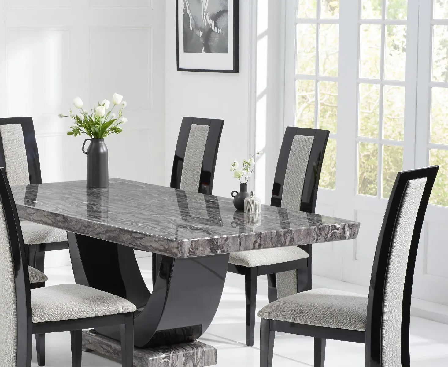 Novara Pedestal Dining Table & 4 Novara Chairs - Dark Grey, Marble product
